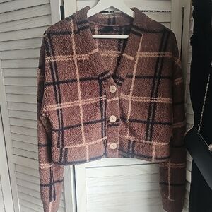 Women's Plaid Brown Cropped Fleece Sweatshirt